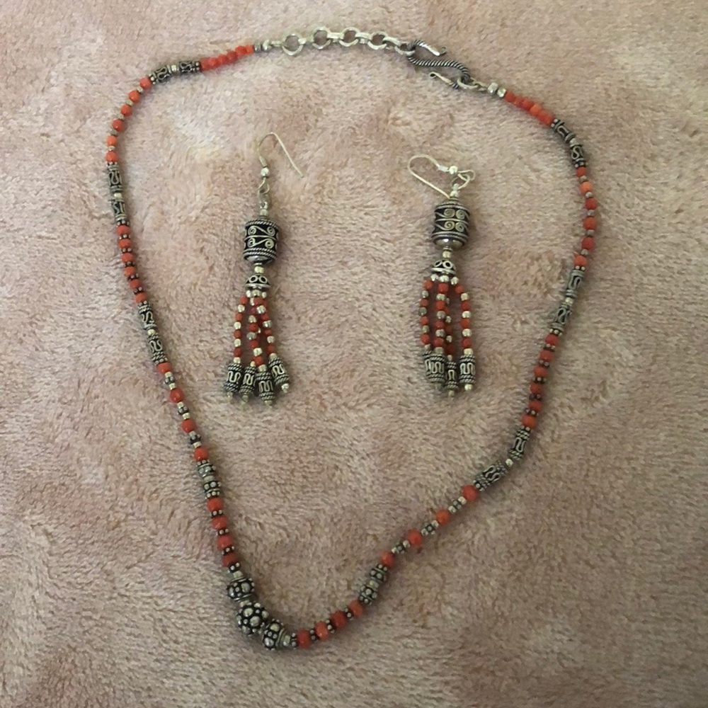 Oxidized silver & orange beads necklace & earrings